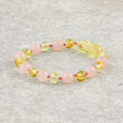 Brățară pentru bebelusi din chihlimbar galben si cuarț roz