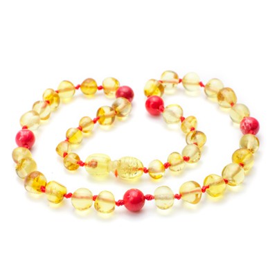 Colier bebelusi cu margele din chihlimbar galben si jasp imperial rosu