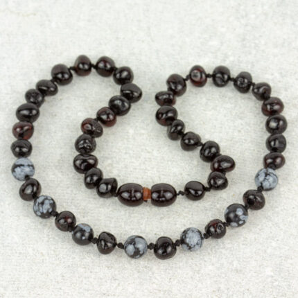 colier copii chihlimbar baltic negru obsidian fulg de nea