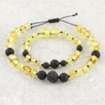 Set Brățări Aromaterapie Copil & Adult din Chihlimbar Baltic Galben & Lavă Vulcanică – Difuzor Natural de Uleiuri Esențiale