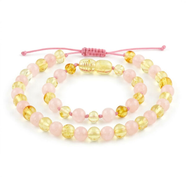 set 2 bratri din chihlimbar baltic & cuart roz pentru mama si fiica