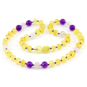 colier copii chihlimbar baltic galben ametist și cuarț alb