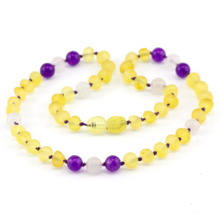 colier copii chihlimbar baltic galben ametist și cuarț alb