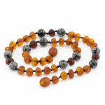 Colier copii din chihlimbar baltic maro mat & obsidian fulg de nea