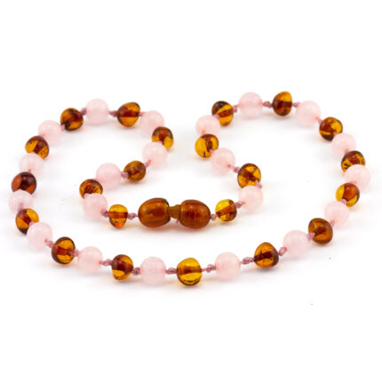 colier copii chihlimbar maro & cuarț roz