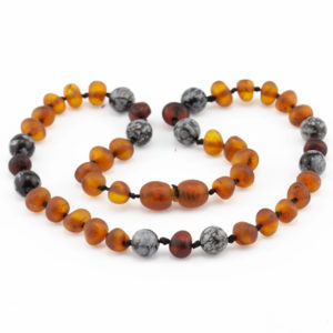 colier copii chihlimbar maro mat obsidian fulg de nea