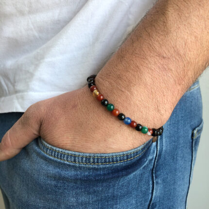 bratara ambre negre si agat multicolor pe incheietura mana barbat