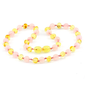 colier copii chihlimbar galben & cuarț roz
