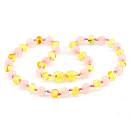colier copii chihlimbar galben & cuarț roz