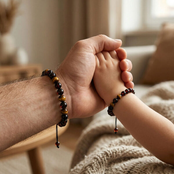 Set 2 bratri din chihlimbar baltic combinat cu sfere ochi de tigru purtate pe mana de tata si fiu