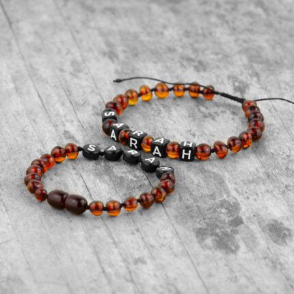 Set 2 brățări familie cu nume din chihlimbar baltic maro / coniac