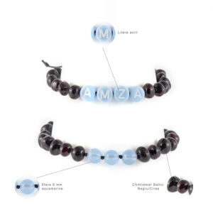 Set brățări Mami/Tati - copil, personalizate cu nume, chihlimbar negru & Aquamarine