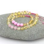 set bratari familie din chihlimbar galben personalizate cu nume si quart roz