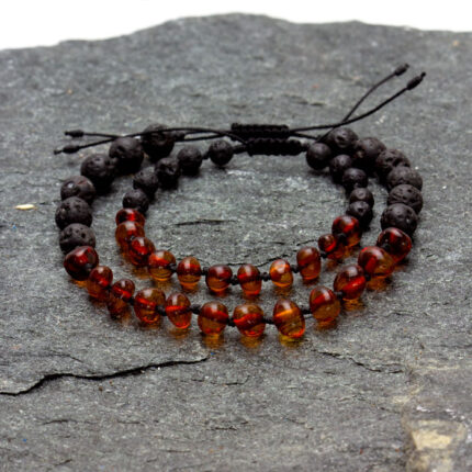 Pachet 2/4 brățări familie din chihlimbar maro + sfere din lavă vulcanică