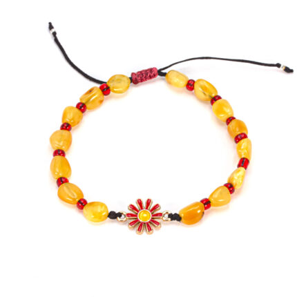 Bratara dama din chihlimbar si charm floare din aliaj emailat