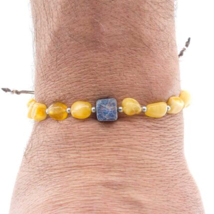 bratara pentru barbati, reglabila, din chihlimbar & agat prezentata la incheietura mainii