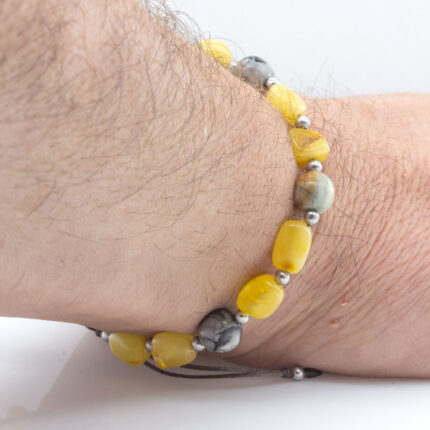 Brățară pentru bărbați, ajustabilă, realizată din jasp Picasso și chihlimbar natural