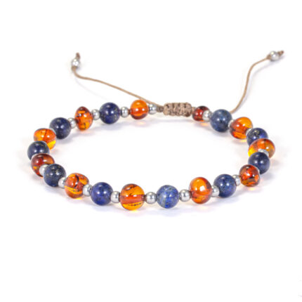Brățară terapeutică din chihlimbar maro și lapis lazuli, un remediu natural pentru sănătatea tiroidei, îmbunătățirea circulației și ameliorarea inflamațiilor și migrenelor.