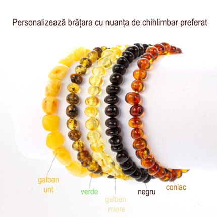 Brățări din chihlimbar natural în cinci nuanțe distincte – galben unt, verde, galben miere, negru și coniac. Personalizează-ți brățara alegând culoarea preferată pentru un accesoriu unic și autentic.