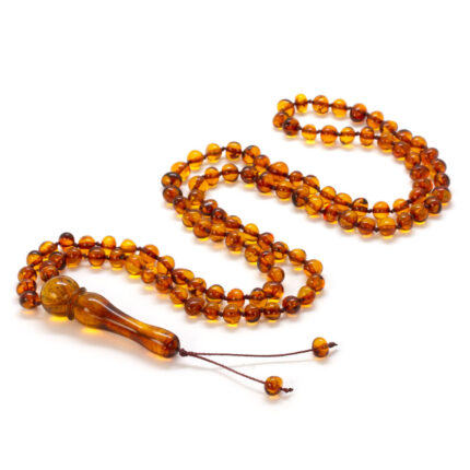 Colier mala lung din chihlimbar autentic, compus din mărgele rotunde perfect șlefuite, în nuanțe calde de miere și coniac, ideal pentru meditație sau purtat zilnic.