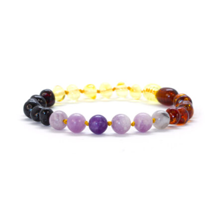 Brățară terapeutică cu chihlimbar galben, coniac și lepidolit mov, vedere frontală